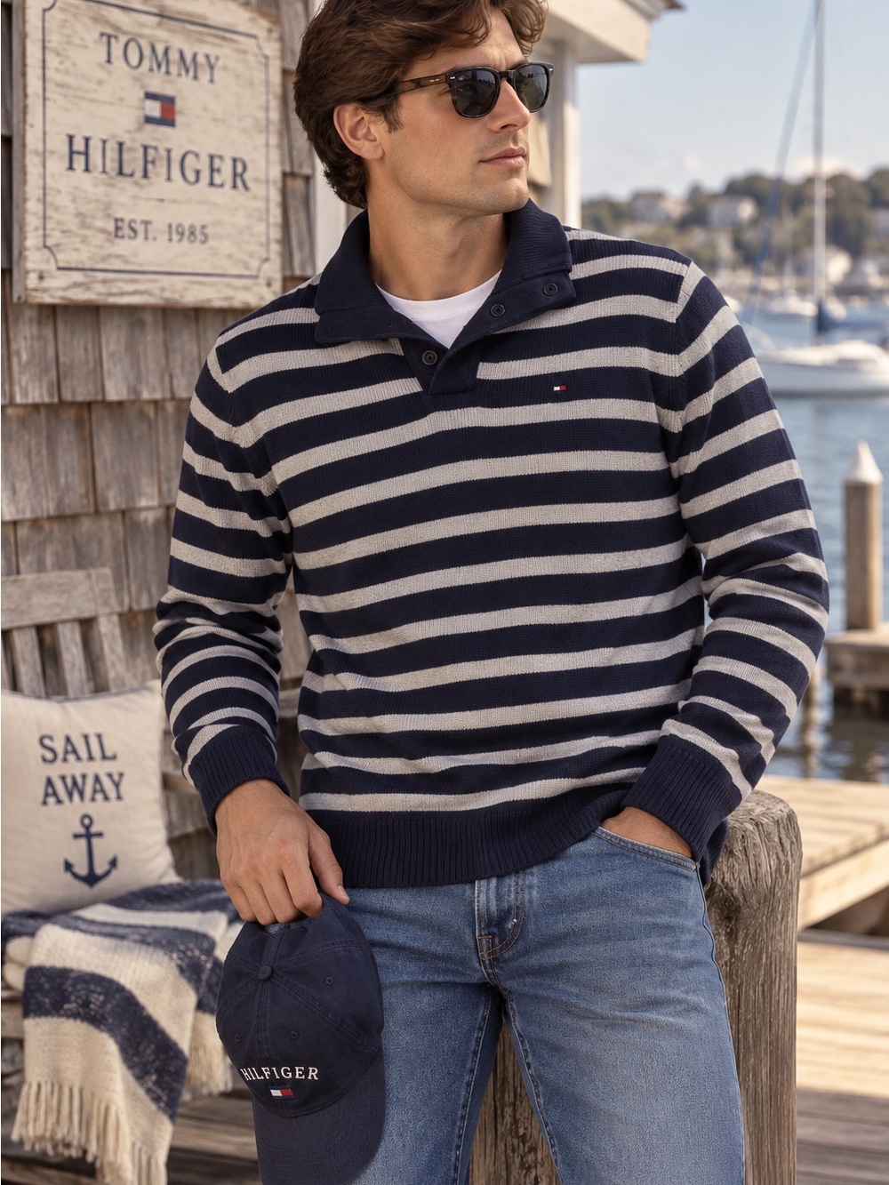 Tommy Hilfiger Men's Striped Collared Pullover Sweater Button Logo Men L #1205CL